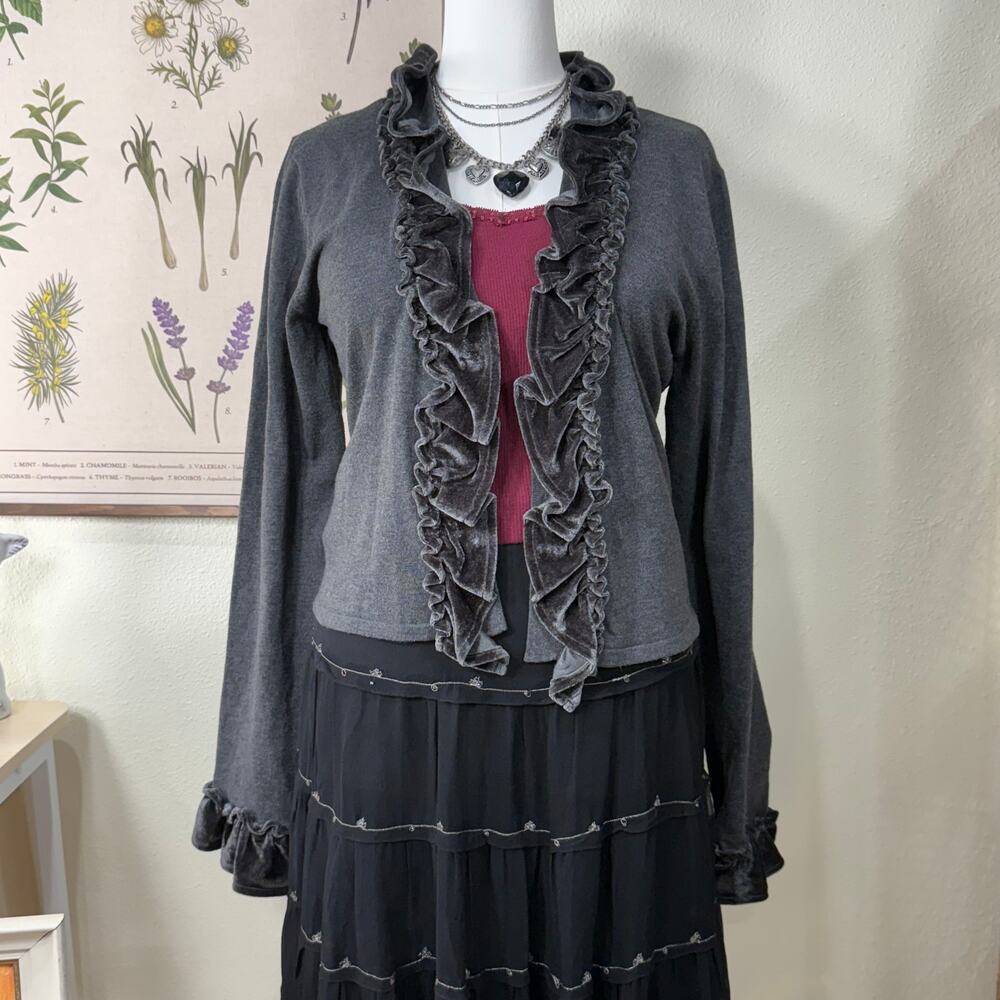 Y2k Velvet Ruffle Cardigan Sweater Gloomy Coquette Whimsigoth Romantic Goth L
